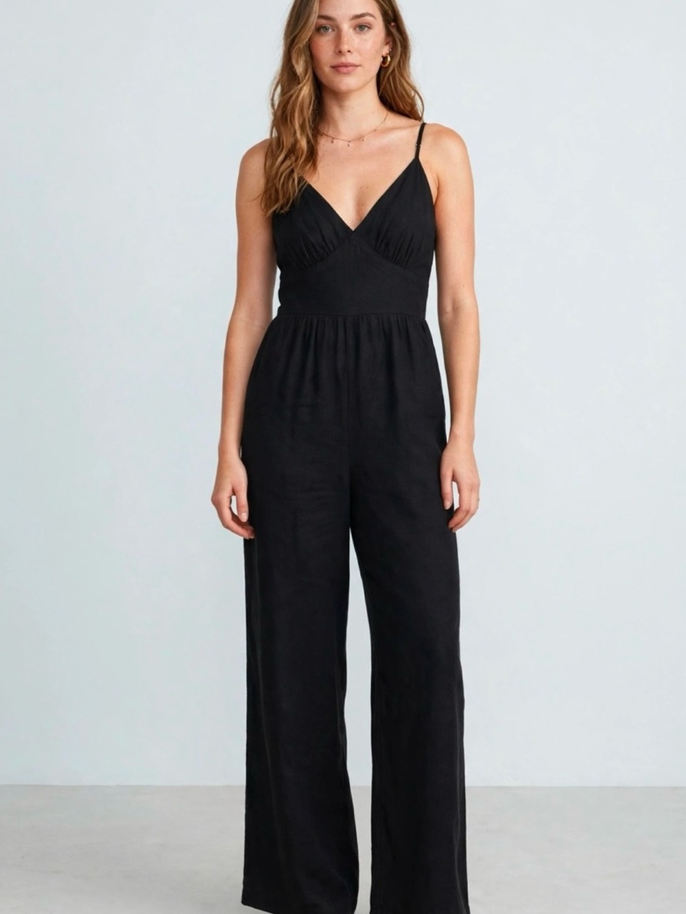 Japna Black V-Neck Wide-Leg Spaghetti Strap Jumpsuit